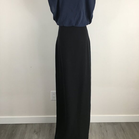 RAOUL Black Blue 100% Silk Pleated V Neck Ruching Shoulder Slit Hem Dress - Picture 13 of 13